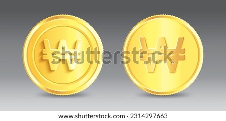 South Korean won symbol golden coin isolated on gray gradient background in vector illustration