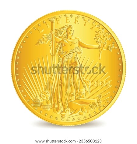 Obverse of American Liberty lady fine gold eagle coin isolated on white background in vector illustration