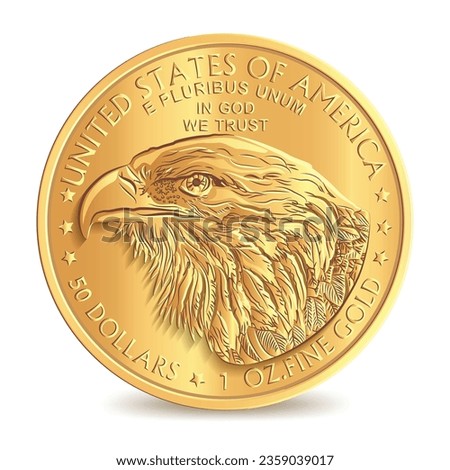 Reverse of American fine gold fifty dollars eagle face coin isolated on white background in vector illustration