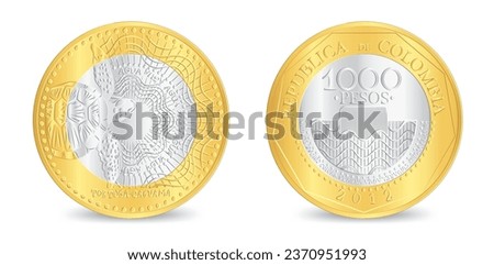 Obverse and reverse of colombia Golden silver one thousand pesos coin isolated on white background in vector illustration