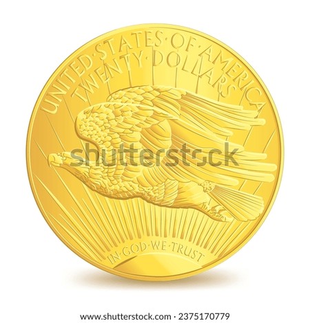 Reverse of Golden American eagle twenty dollars coin isolated on white background in vector illustration