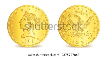 Obverse and Reverse of Golden American ten dollars coin isolated on white background in vector illustration