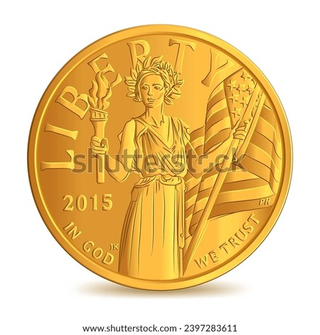 Obverse of Liberty woman standing with American flag and a torch, American high relief gold coin,  isolated on white background in vector illustration