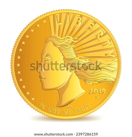 Obverse of Golden American One hundred dollars 2019, Liberty lady with flowing hair, isolated on white background in vector illustration