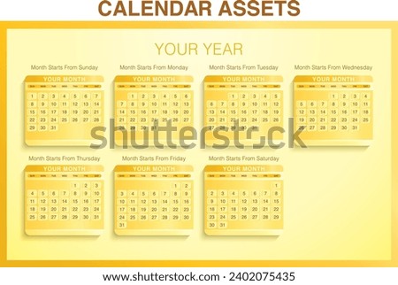 Calendar assets concept of months starting from monday to friday separately aligned with nice yellow background in vector illustration.