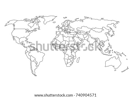 World map with country borders, thin black outline on white background