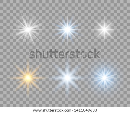 A selection of light transparent stars with radial rays. Flashes yellow, blue, white. Vector design elements on isolated background.
