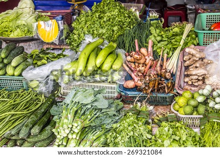 exotic vegetables at a market booth in Chiang mai, Thailand