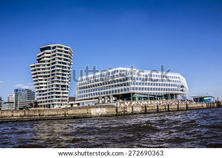 HAMBURG, GERMANY - APRIL 19, 2015: The Unilever house and the Marco Polo Building are part of the hafencity at the bank of river Elbe in Hamburg, Germany.