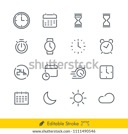 Time Related Vector Line Icons Set. Contains of: Clock, Calender, Hourglass, Watch, Stopwatch, Alarm, Sunny Day, Night, Moon, Sun and more - In Editable Line / Stroke Design