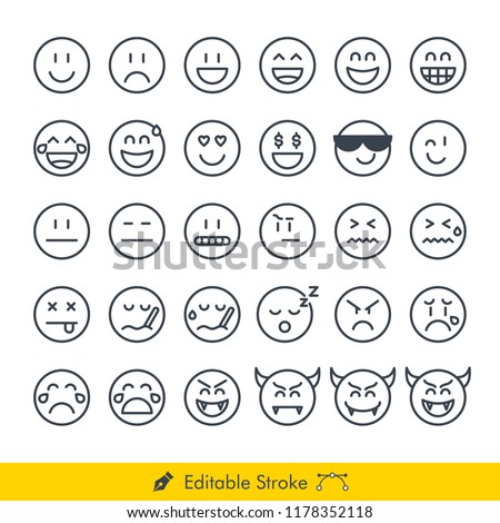 Emoji (Emoticon) Icons / Vectors Set - In Line / Stroke Design | Contains Such happy, smile, laugh, cool, cry, sad, devil, sick, grumpy, sleep, flat face, straight face, love, money, and more