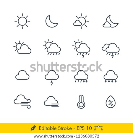 Weather Sign Related Icons / Vectors Set - In Line / Stroke Design | Contains Such Sunny, Night, Cloudy, Rainy, Snowy, Thunder, Windy, Haze, Temperature, Humidity and more