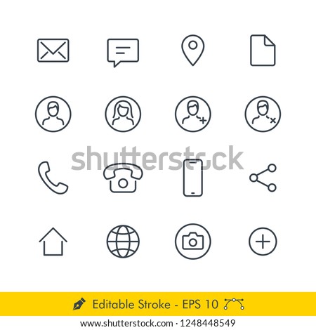 Contact Related Icons / Vectors Set - In Line / Stroke Design | Contains Such Message, Email, Chat, Location, Document, User, Male, Female, Add, Delete, Phone, Telephone, Smartphone, Share, Home, more