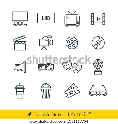 Cinema (Movies) Related Icons / Vectors Set - In Line / Stroke Design | Contains Such Theater, Television, Roll, Clap, Video Recorder, Film, Disc, Bullhorn, Projector, Drama, Award, Popcorn, Drink