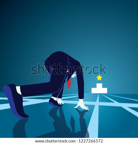 Businessman get ready on starting line. Starting career concept. Businessman in starting position ready to sprint run. Rear view. Vector illustration