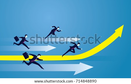 Vector illustration. Business competition concept. Businessmen racing forward to success on running track. One leader on highlighted up arrow