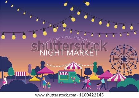 Night market, Summer fest, food street fair, family festival poster and banner colorful design Stock fotó © 