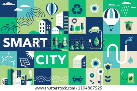 Green city, smart city concept, modern design. Geometric urban landscape, banner and poster
