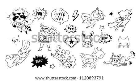 Superhero cute hand drawn animals, cat, dog, panda, bear and crocodile vector black and white characters