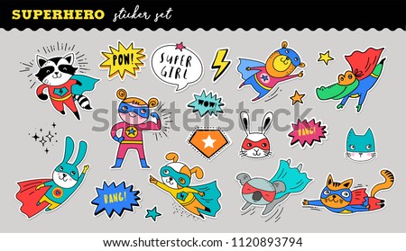 Superhero animals cute sticker collection. Vector hand drawn illustrations