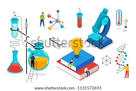 Chemistry lab and school class, science, education scene with miniature people, students. Isometric, vector concept design