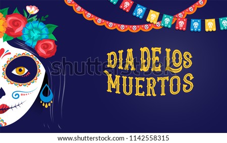 Dia de los muertos, Day of the dead, Mexican holiday, festival. Vector poster, banner and card with make up of sugar skull, woman and man