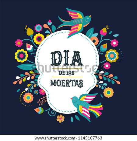 Day of the dead, Dia de los moertos, banner with colorful Mexican flowers. Fiesta, holiday poster, party flyer, funny greeting card