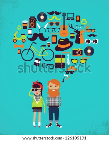 Hipster speech bubble with icons and stylish young couple