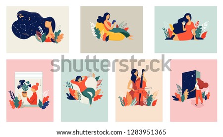Feminine concept illustration, beautiful women in different situations. international women's day. Flat style vector design set stock vectors