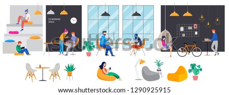 Co-working space, concept illustration. Young people working on laptops and computers on shared modern office workplace. Vector flat style illustration