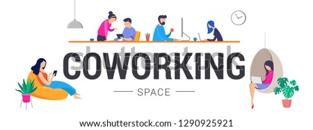 Co-working space, concept illustration. Young people working on laptops and computers on shared modern office workplace. Vector flat style illustration