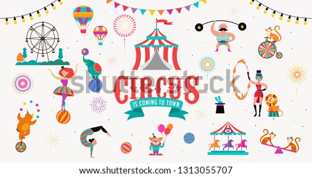 Circus banner and background with tent, monkey, air balloons, gymnastics, elephant on ball, lion, jugger and clown. Vector illustration