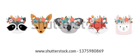 Cute animals heads with flower crown, vector illustrations for nursery design, poster, birthday greeting cards. Panda, llama, fox, koala, raccoon, cat, dog and bunny