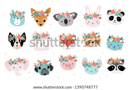 Cute animals heads with flower crown, vector illustrations for nursery design, poster, birthday greeting cards. Panda, llama, fox, coala, cat, dog, racoon and bunny