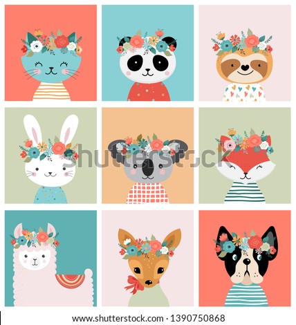 Cute animals heads with flower crown, vector illustrations for nursery design, poster, birthday greeting cards. Panda, llama, fox, coala, cat, dog, racoon and bunny