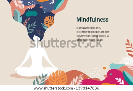 Mindfulness, meditation and yoga background in pastel vintage colors with women sit with crossed legs and meditate. Vector illustration 