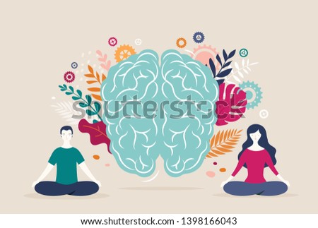 Young woman and man sit with crossed legs and meditate with brain icon on the background. Vector illustration