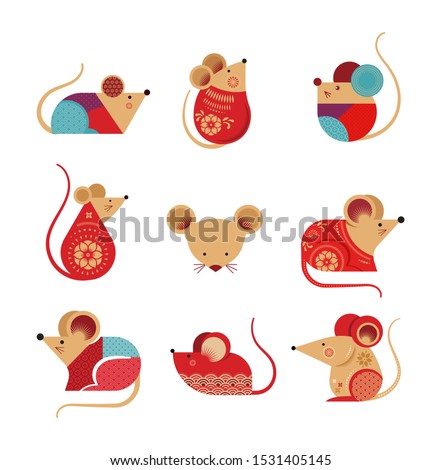 Happy Chinese new year design. 2020 Rat zodiac. Cute mouse cartoon. Vector illustration and banner concept 