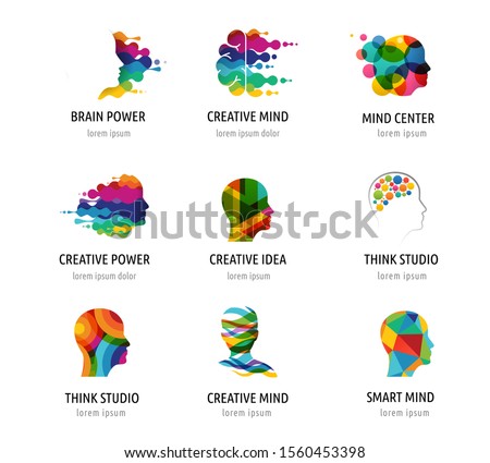 Brain, Creative mind, learning and design icons, logos. Man head, people symbols