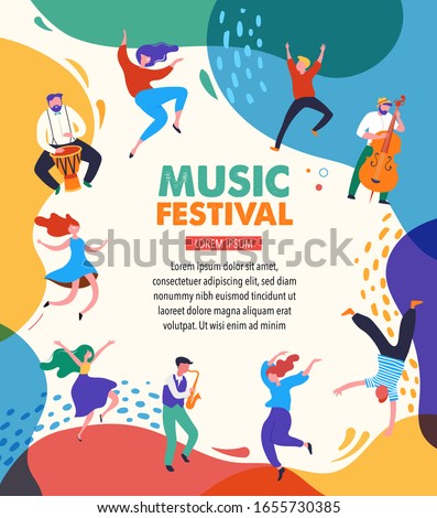 Summer Party, concept of live music festival, jazz and rock, food street fair, family fair, event poster and banner. People dance and play music. Vector design and illustration Foto stock © 