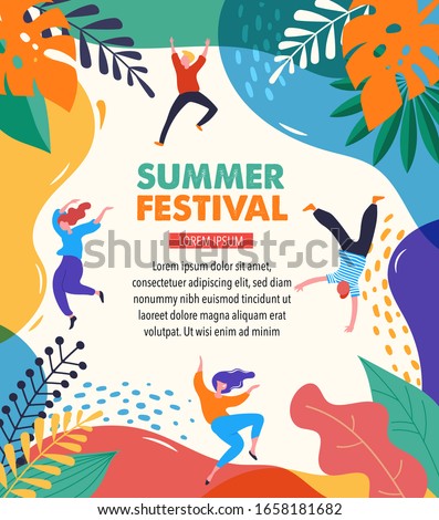 Summer fest, concept of live music festival, jazz and rock, food street fair, family fair, event poster and banner with dancing happy people. Vector design and illustration Stock fotó © 