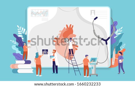 Research scientist. Science laboratory, chemistry scientists and clinical lab. Medical research items, clinical science laboratories experiments. Heart, cardiac problem, concept vector illustration
