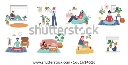 Quarantine, stay at home concept series - people sitting at their home, room or apartment, practicing yoga, enjoying meditation, relaxing on sofa, reading books, baking and listening to the music. 
