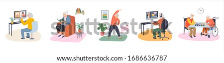 Elderly, old people, senior people at home, playing chess, chatting on computer with grandchildren, reading books, working out, learning languages. Vector illustration, cartoon set