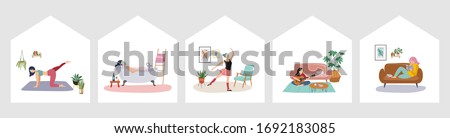 Quarantine, stay at home concept series - people sitting at their home, room or apartment, practicing yoga, enjoying meditation, relaxing on sofa, reading books, baking and listening to the music