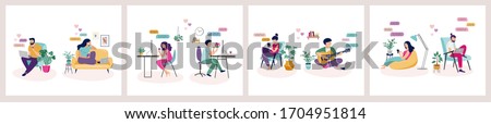 Couples with smartphones, tablets and laptops chatting online, during coronavirus self isolation, quarantine. Virtual dating concept. Vector illustration