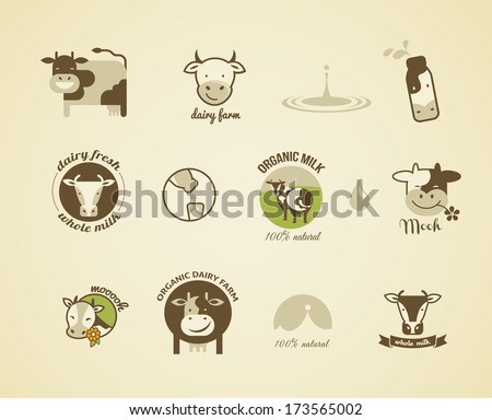 Milk and cow Labels, elements and icons