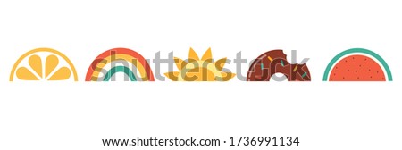 Hello summer, banner design with watermelon, sun, donut and rainbows. Vector illustration 