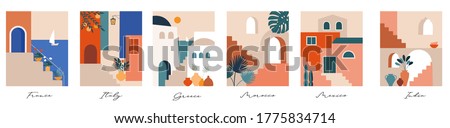 Abstract places, villages, small streets, old towns in Morocco, Mexico, Greece and Italy in pastel colors. Vector illustrations and design