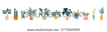 Urban jungle, trendy home decor with plants, cacti, tropical leaves in stylish planters and pots. Vector illustration